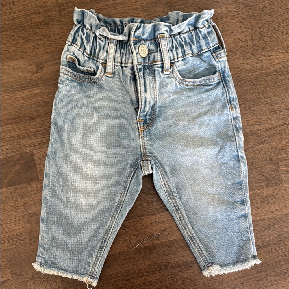 High-Waisted Blue Paper Bag Jeans with Frayed Hem